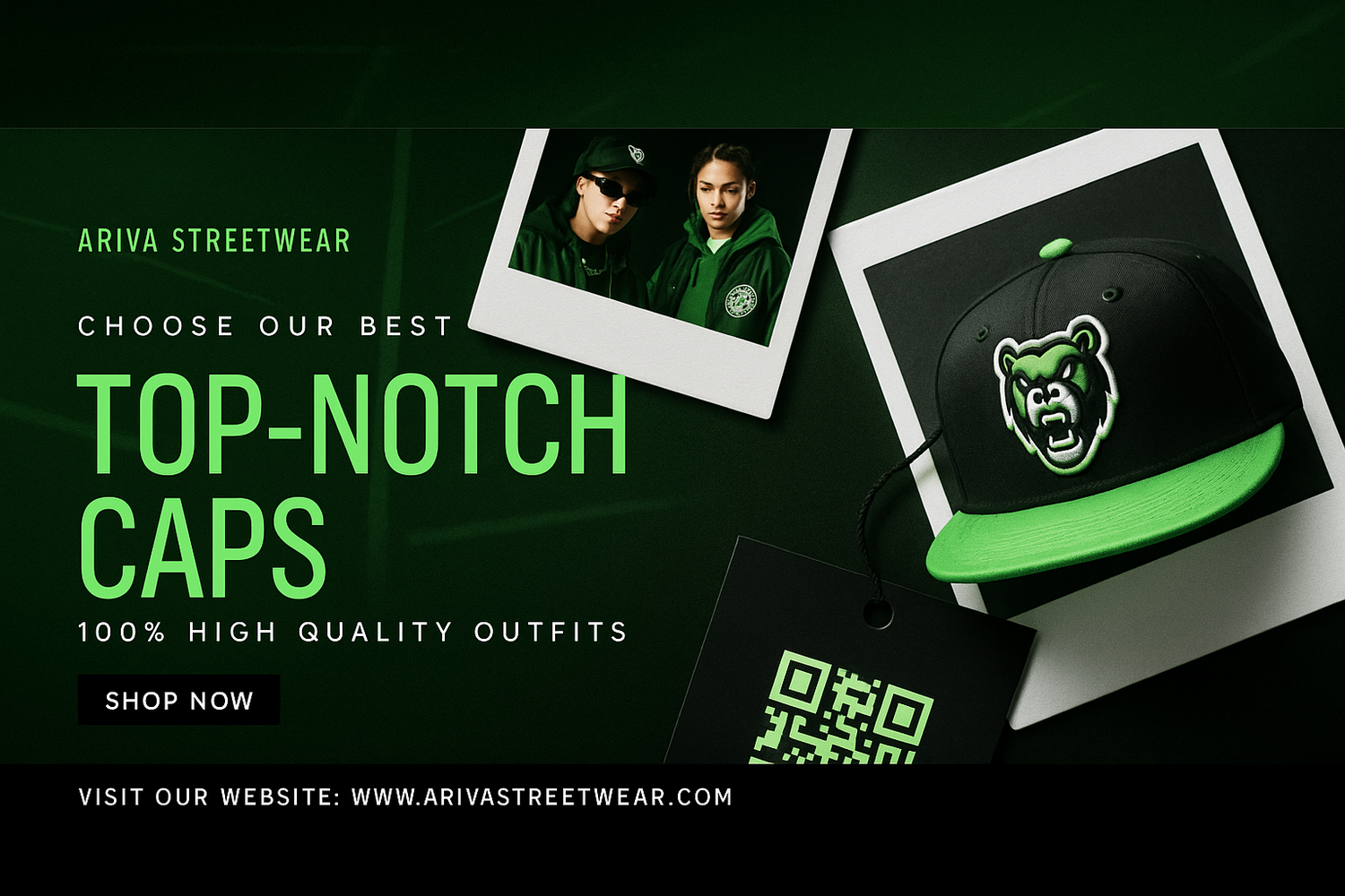Promotional banner for Ariva Streetwear featuring a cap with a bear logo on a dark green background.