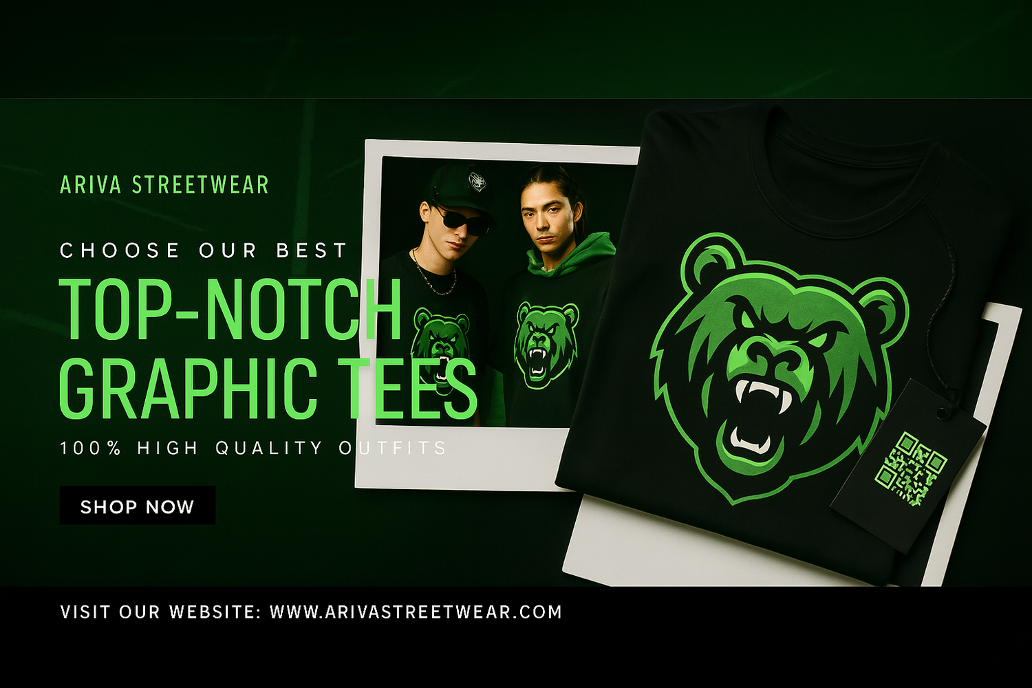 Black graphic t-shirt with green bear design and promotional text for Ariva Streetwear on a dark background.
