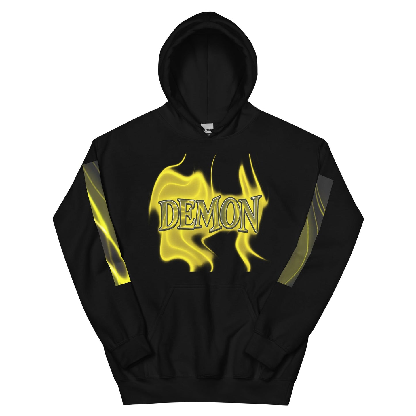 Black hoodie with ’Demon’ graphic.