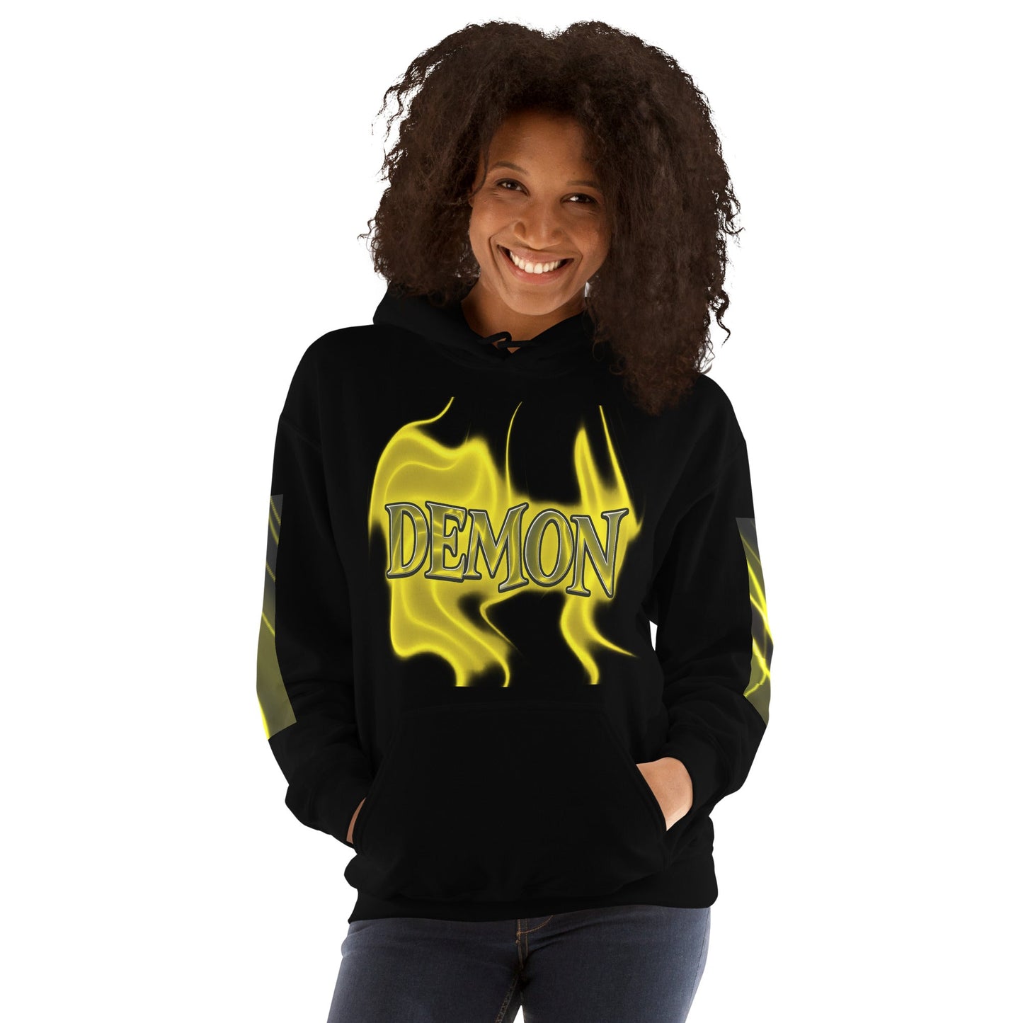 Black hoodie with ’Demon’ graphic.