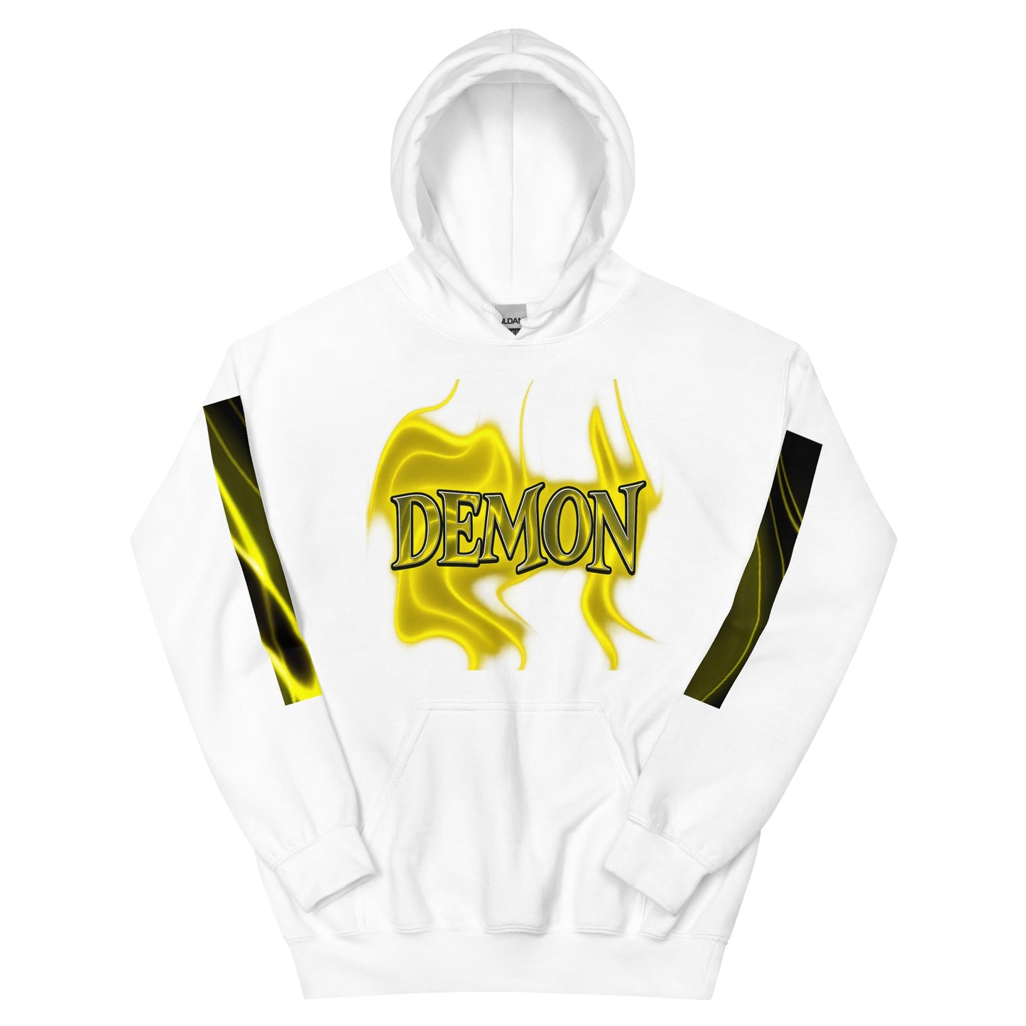 White hoodie with ’DEMON’ graphic.