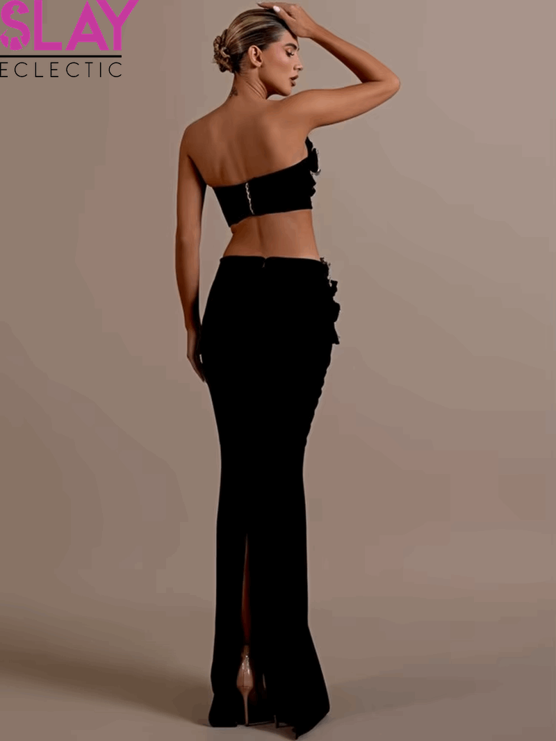 Women Sexy Strapless Black Maxi Bandage Skirt Set 2024