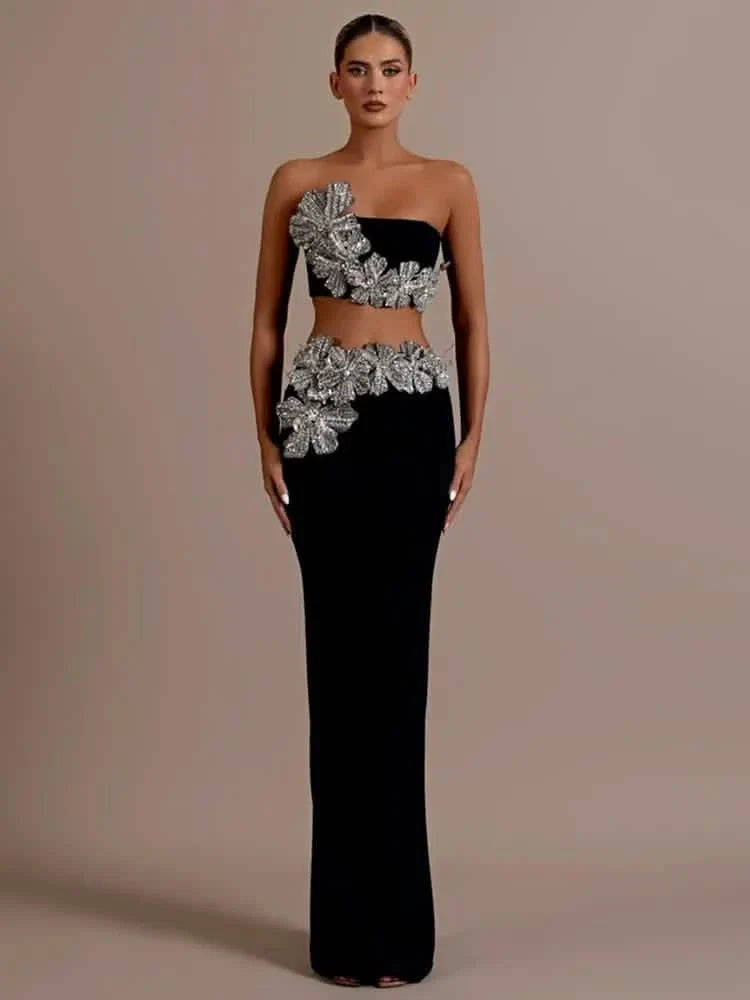 Black Sequin One-Shoulder Maxi Dress - black / XL - Women’s Dresses