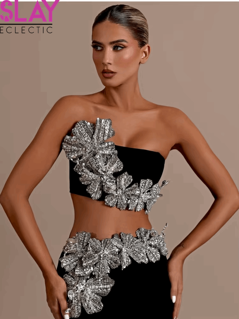 Women Sexy Strapless Black Maxi Bandage Skirt Set 2024