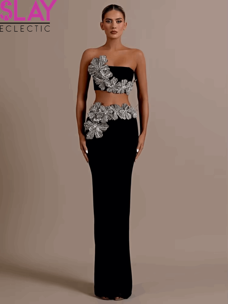 Women Sexy Strapless Black Maxi Bandage Skirt Set 2024