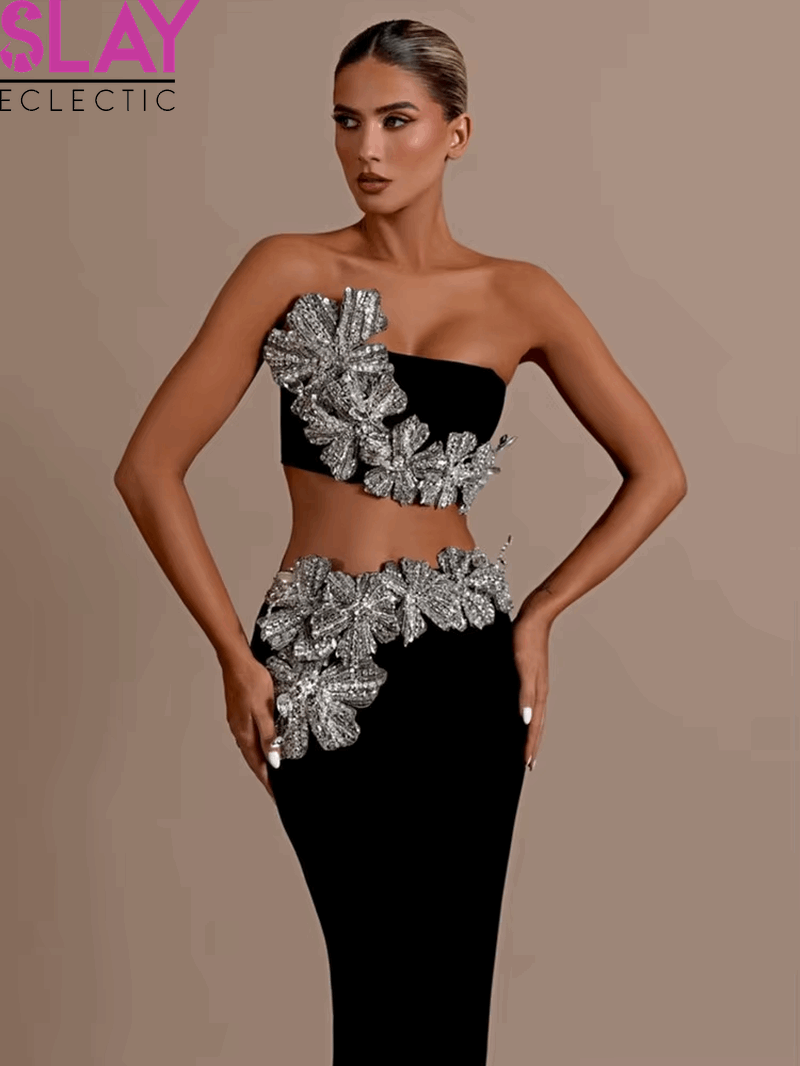 Women Sexy Strapless Black Maxi Bandage Skirt Set 2024