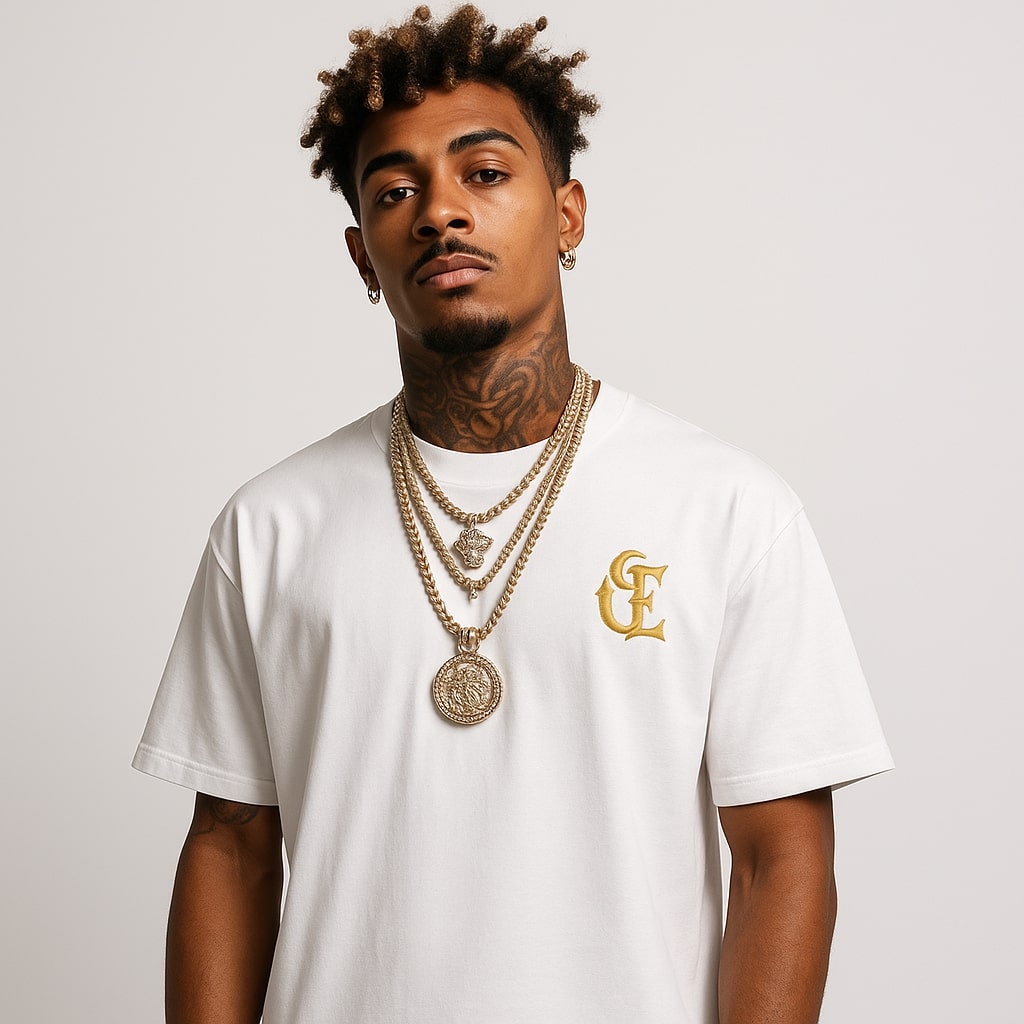 Gold CE Lettering T-Shirt  White Oversized