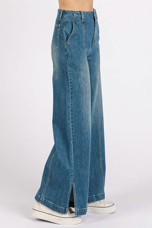High-Waisted Wide-Leg Denim Jeans with Front Seams