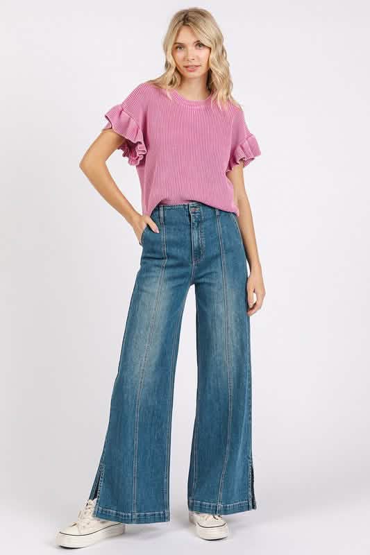High-Waisted Wide-Leg Denim Jeans with Front Seams