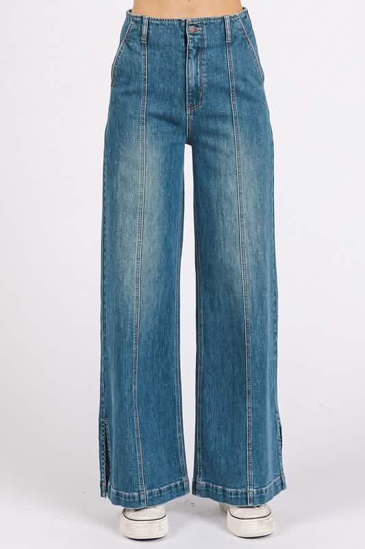 High-Waisted Wide-Leg Denim Jeans with Front Seams