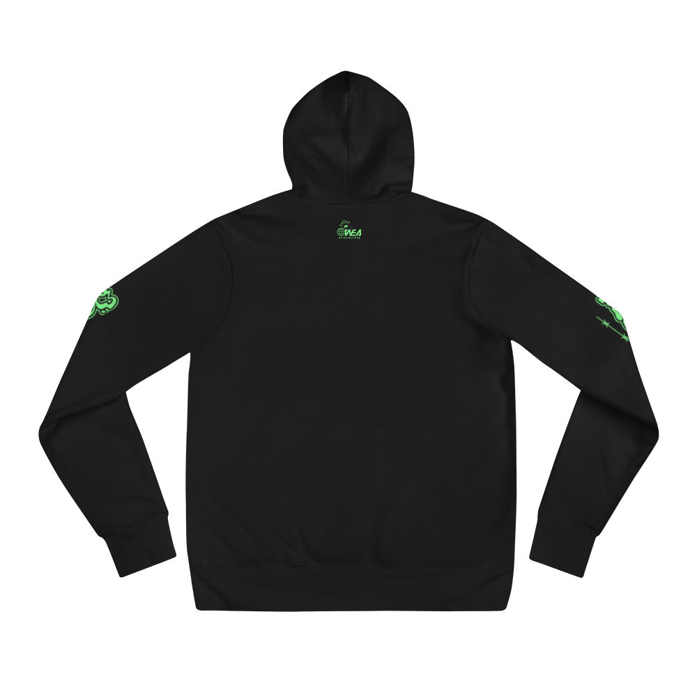 Black hoodie with green accents.
