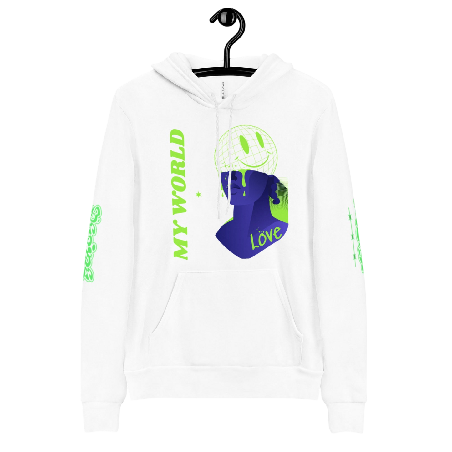 White hoodie with graphic design.