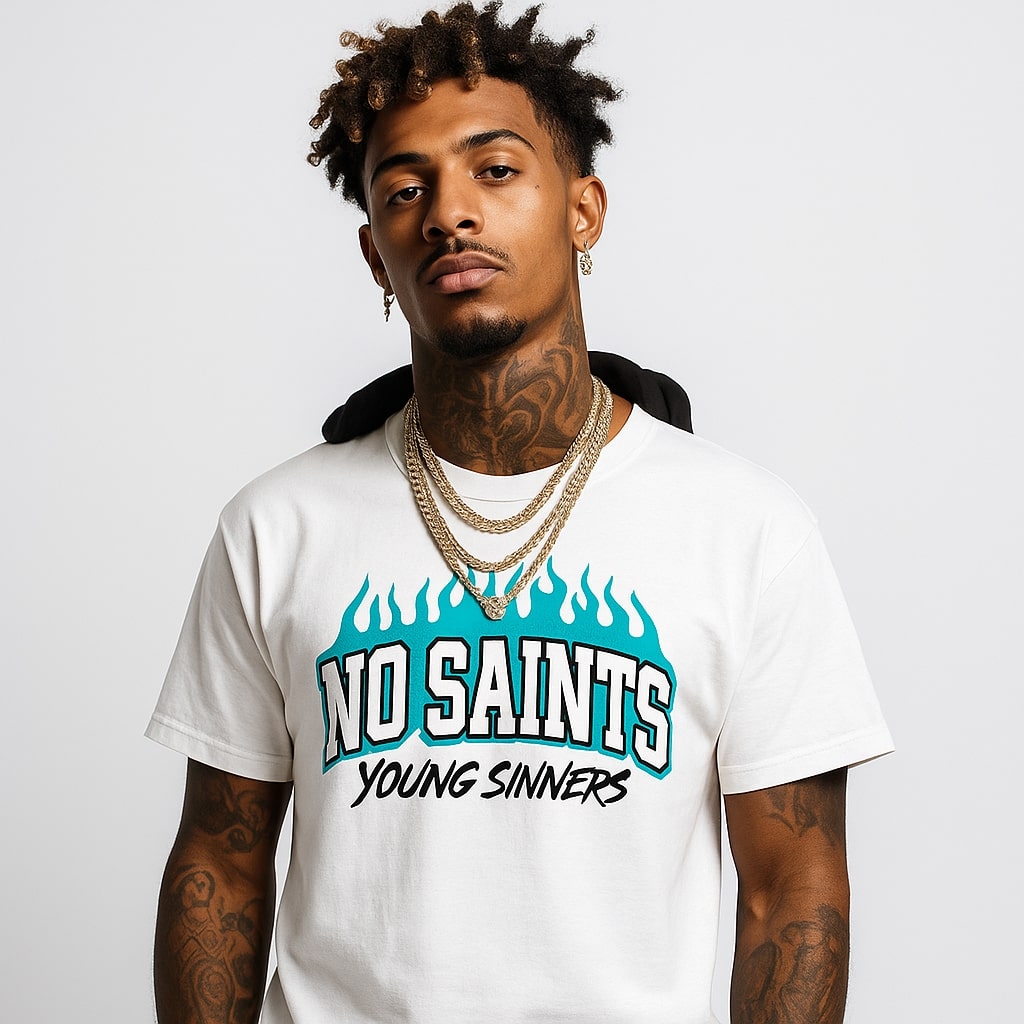 NO SAINTS Flames Graphic Tee - TURQOISE