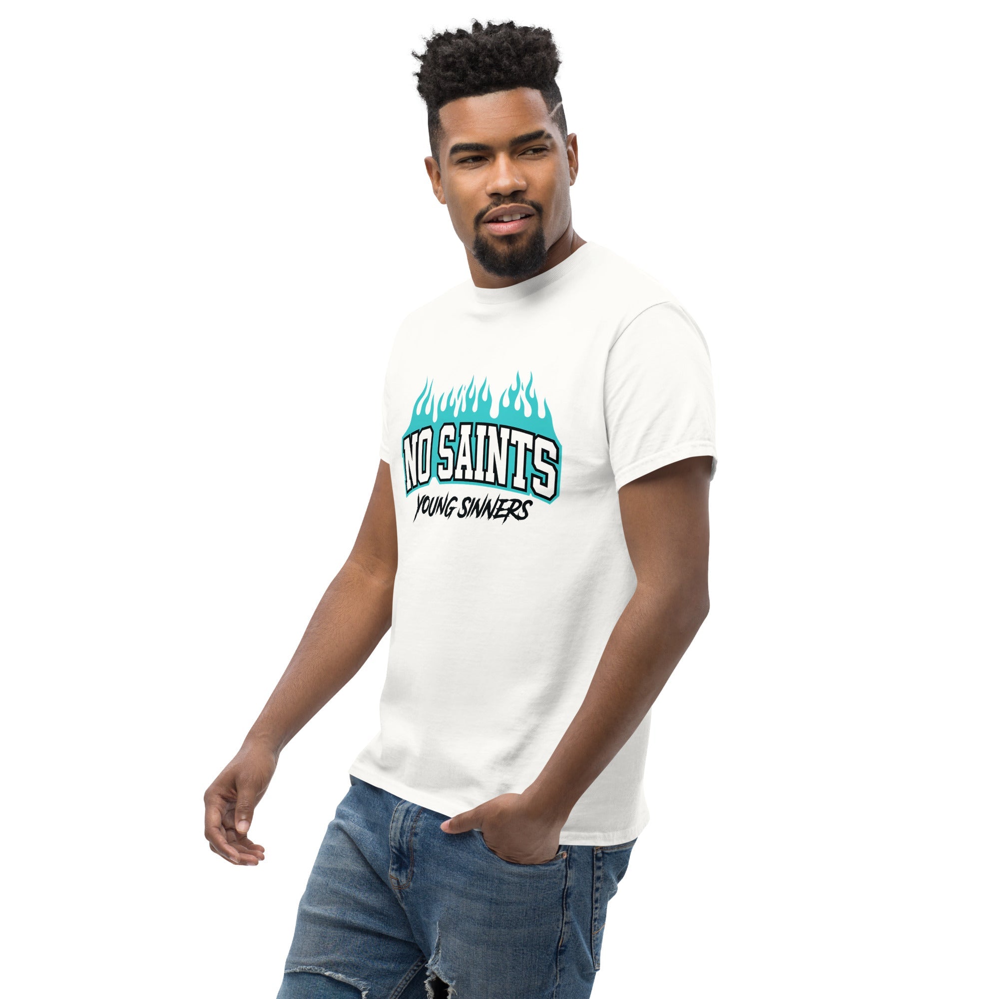 NO SAINTS Flames Graphic Tee - TURQOISE