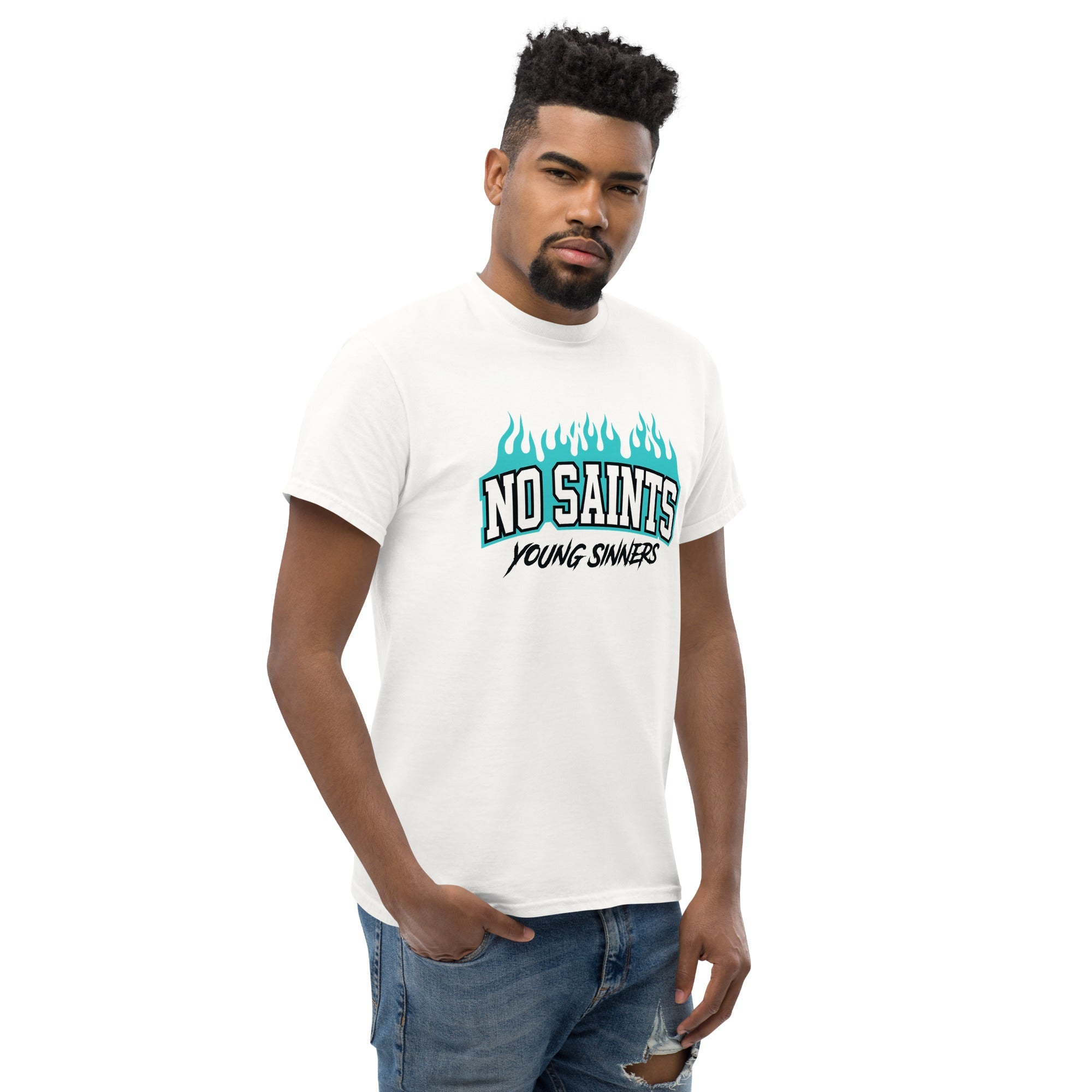 NO SAINTS Flames Graphic Tee - TURQOISE