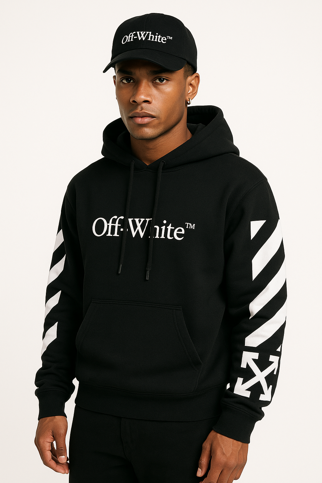 Men’s Off-White black hoodie with diagonal stripes on sleeves
