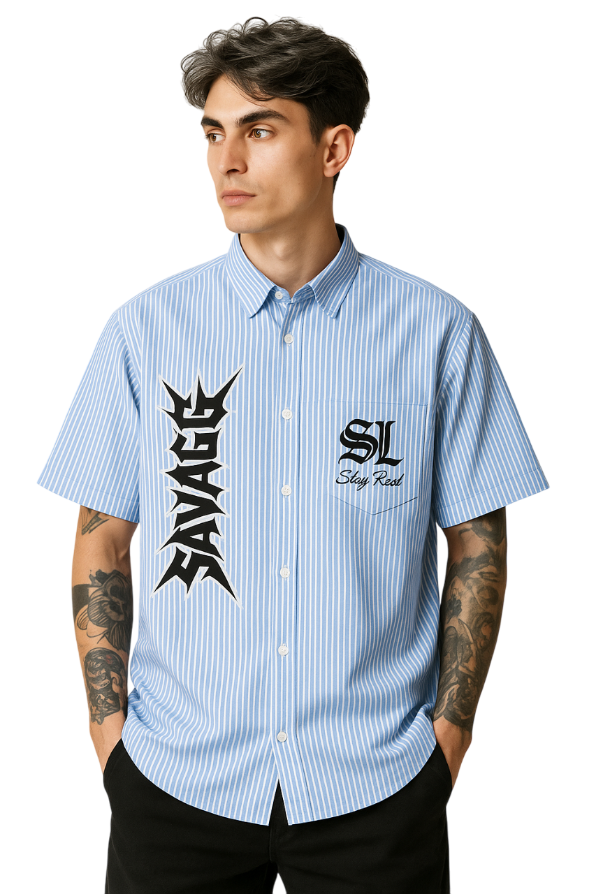 Savage Stay Real Striped Streetwear Shirt - BLUE