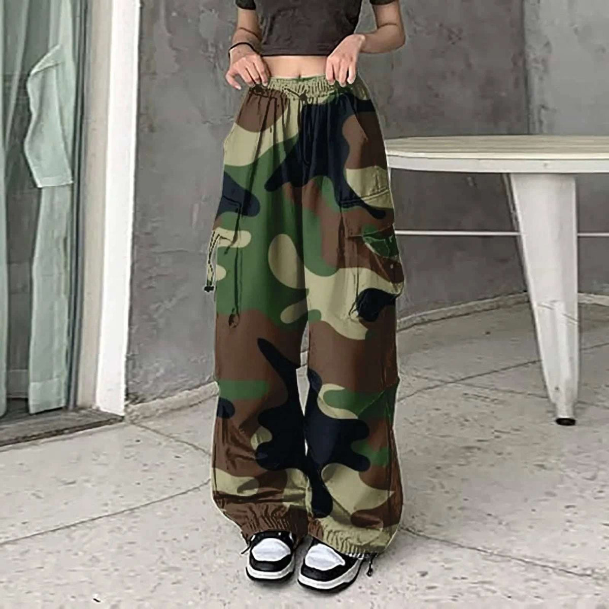 American Vintage Camouflage Cargo Pants Women Summer 2024 New Streetwear Loose Straight Wide Leg Trousers Woman Pants
