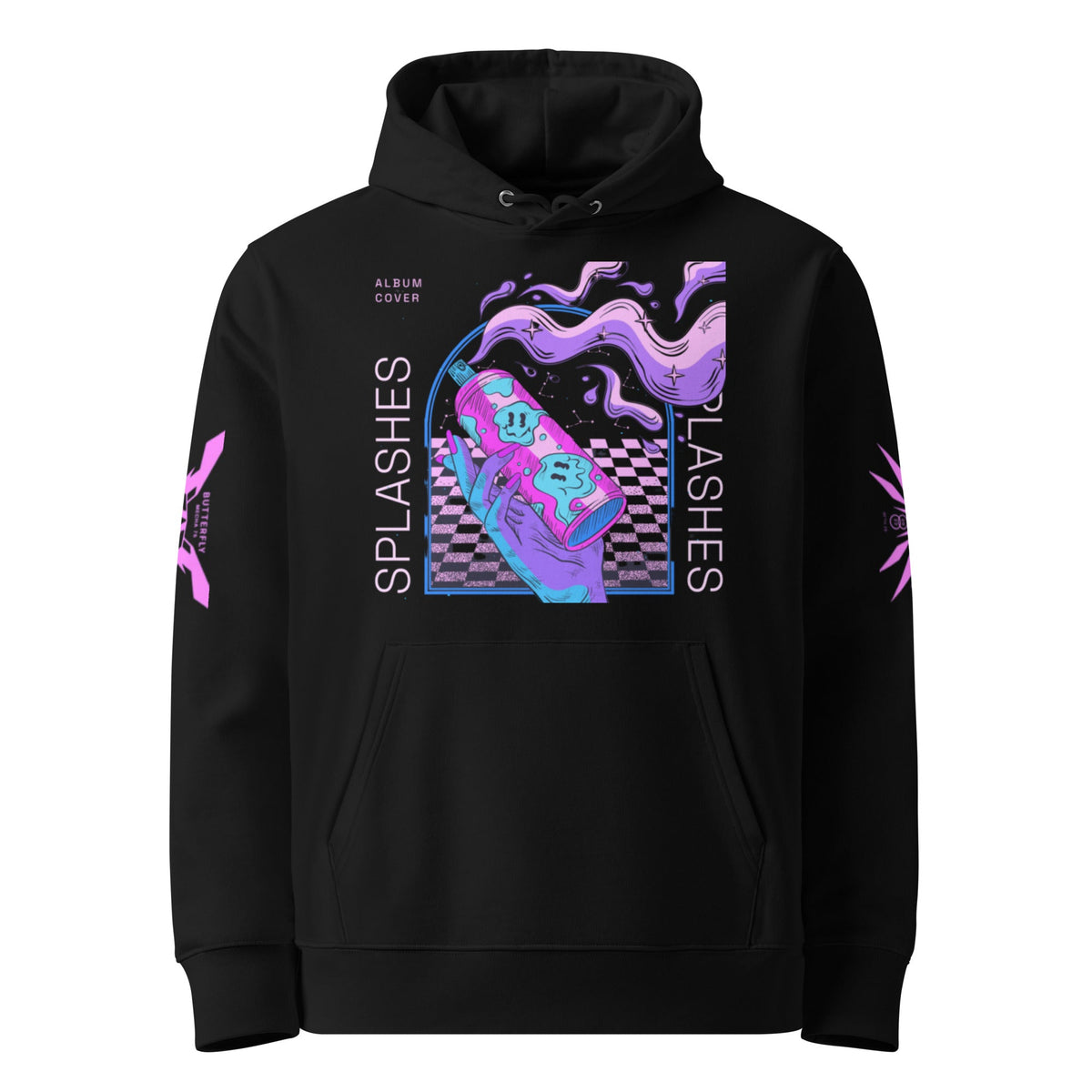 Black hoodie with colorful graphic.