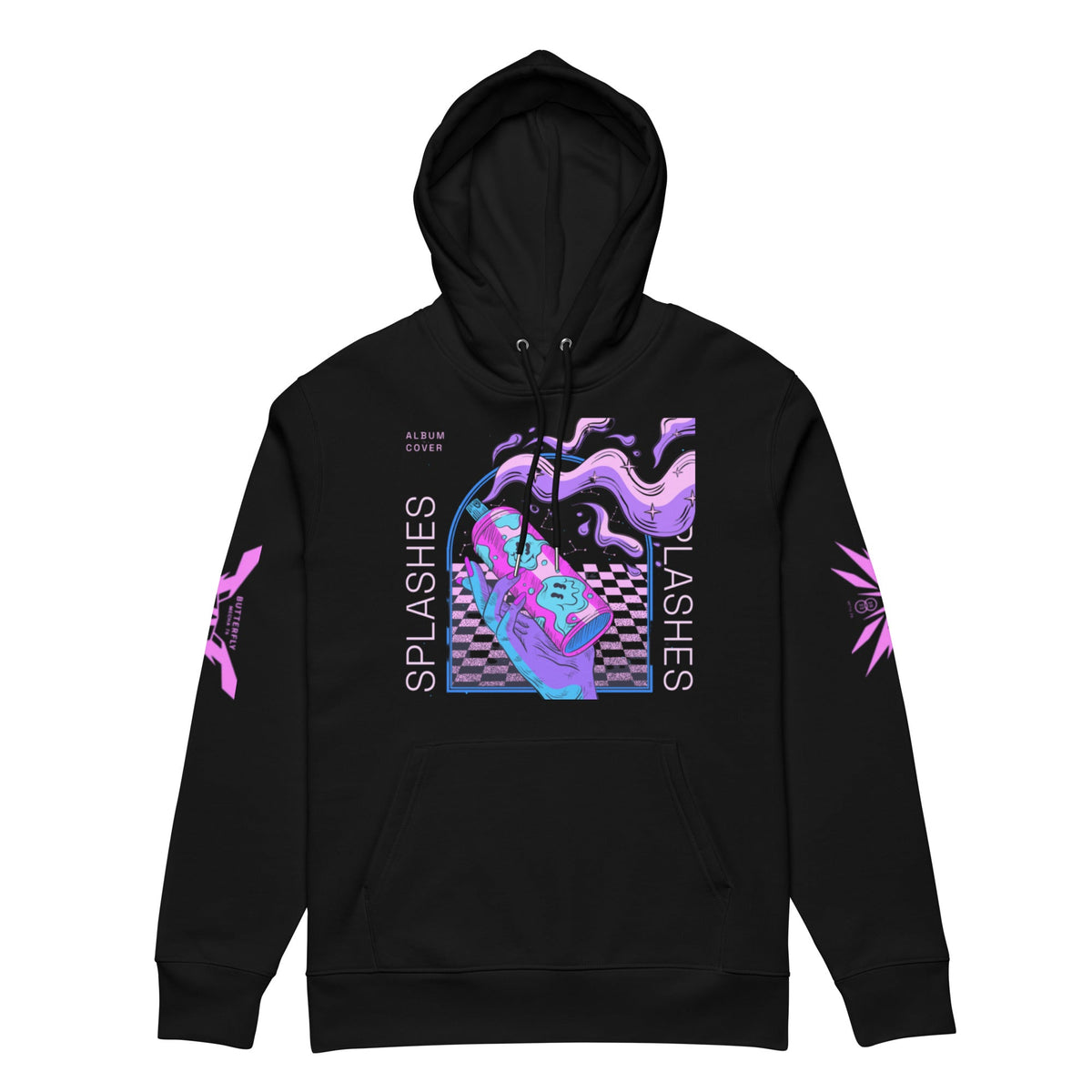 Black hoodie with colorful graphic design.