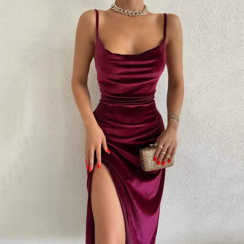 Velvet Midi Dress With Sleeves - Women’s Dresses