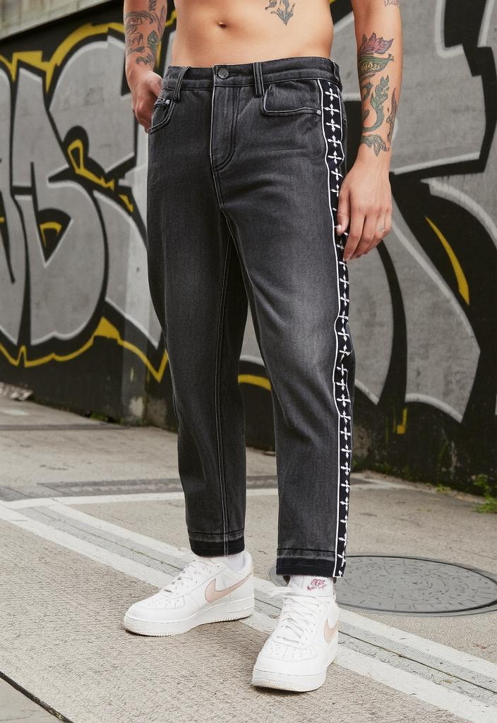 Vintage Wash Streetwear Jeans with Gothic Side Tape