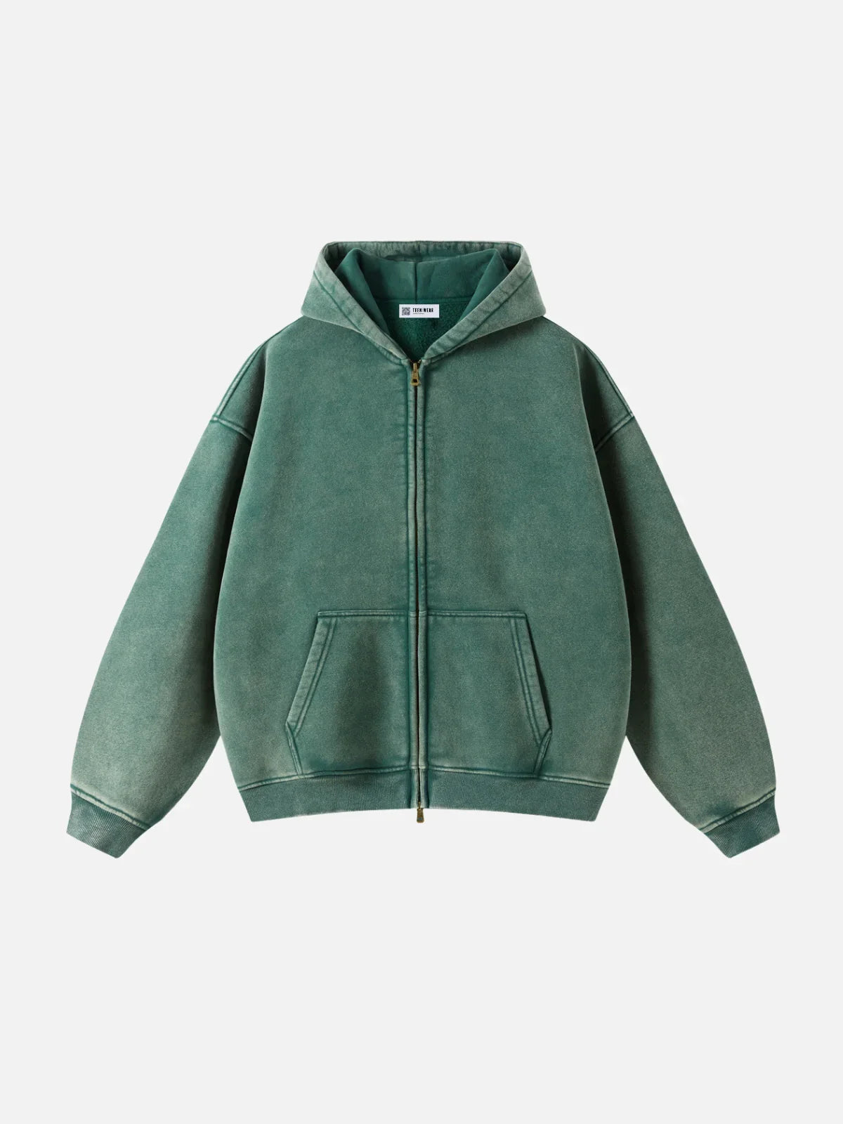 Oversized green zip-up hoodie in vintage washed cotton streetwear style