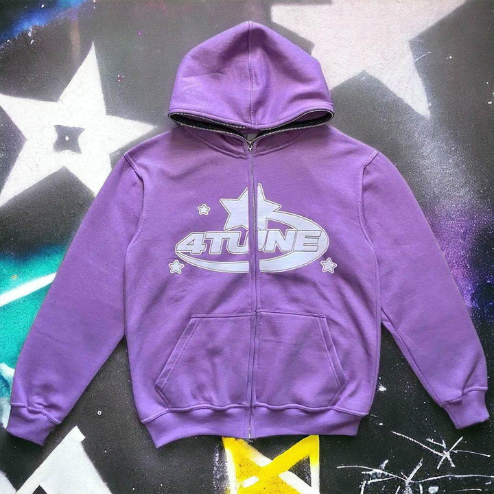 Purple Y2K zip-up hoodie with 4TUNE logo and star design on front, aesthetic streetwear style