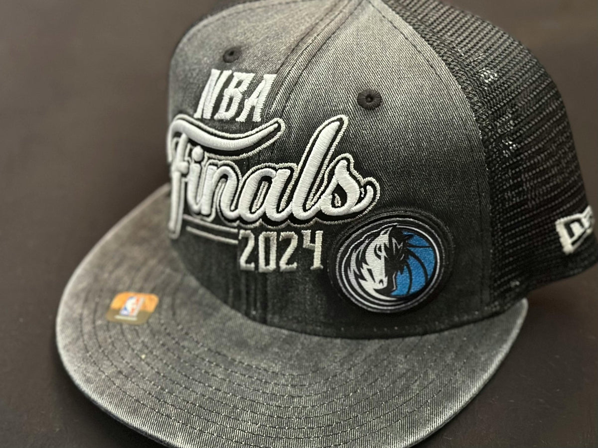 NBA Finals 2024 snapback hat featuring the Dallas Mavericks logo on a gray and black mesh design.
