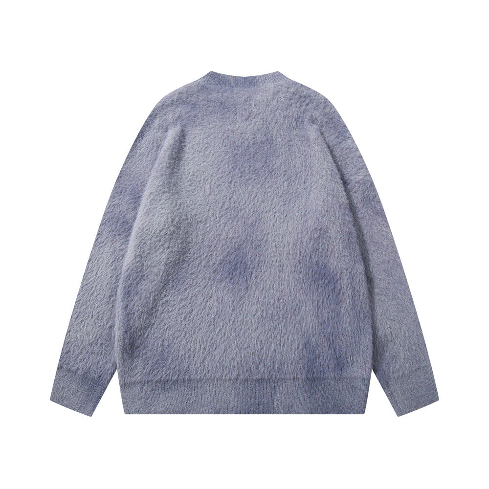 Fuzzy blue sweater from the Fuzzy Graphic Knit Sweater collection for cozy styling