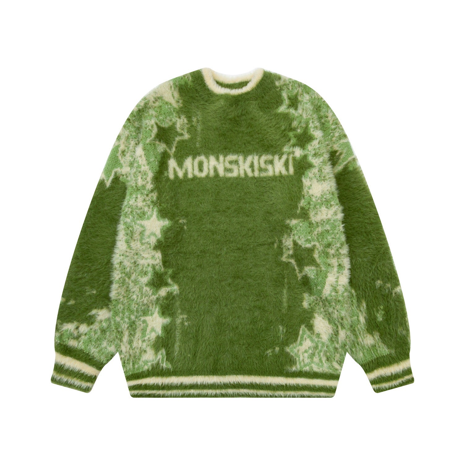 Green fuzzy sweater with star pattern from MONSKISKI, perfect for cozy fashion