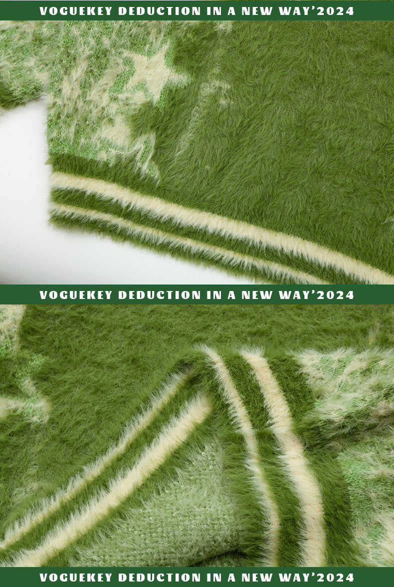 MONSKISKI Green Fuzzy Star Knit Sweater