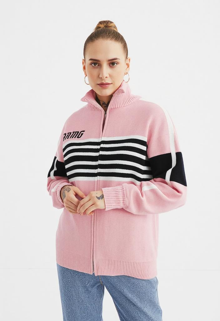 BRMG Pink Streetwear Zip-Up Knit Sweater