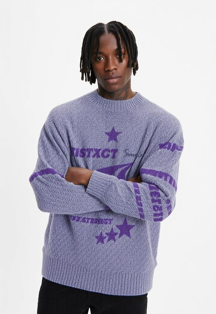 Purple knit sweater from the Fuzzy Graphic Knit Sweater collection