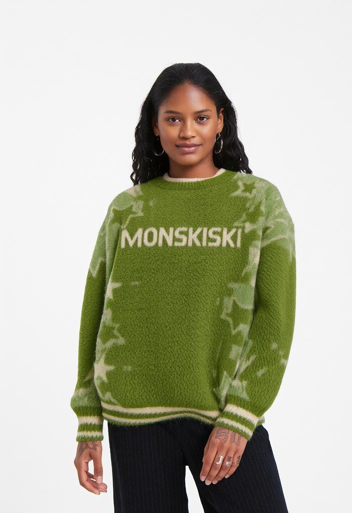 MONSKISKI Green Fuzzy Star Knit Sweater featuring a vibrant green star pattern