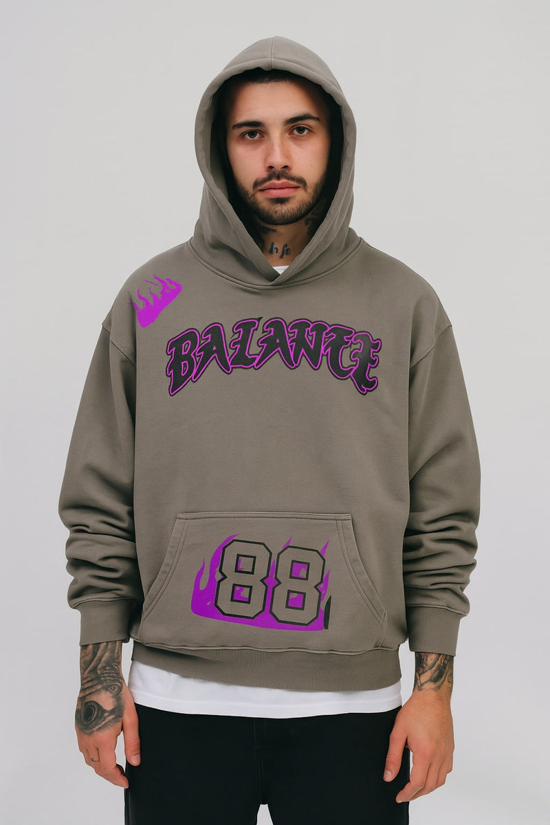 Light Gray Flame ‘88 BALANCE’ Streetwear Hoodie