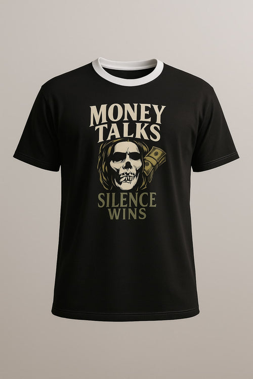 "Pengar talar, tystnad vinner" djärv grafisk t-shirt — hover