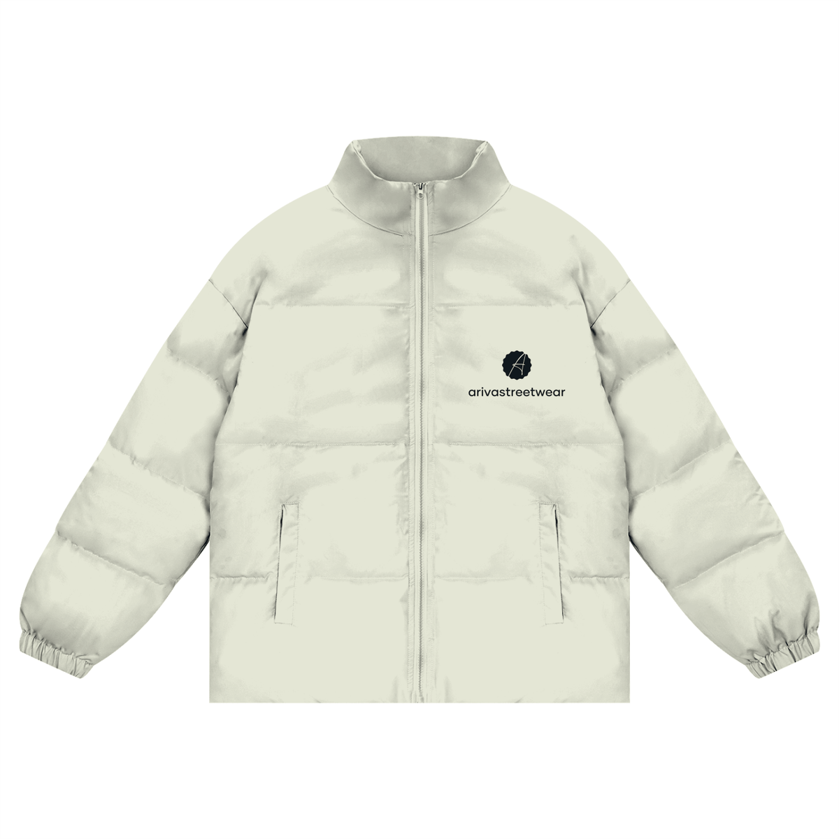 Olive Green unisex zipper puffer coat with minimalist white logo, high collar, elastic cuffs, and side pockets