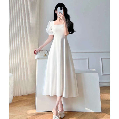 Vintage Maxi Dresses for Women Party Prom Puff Sleeve Square Collar
