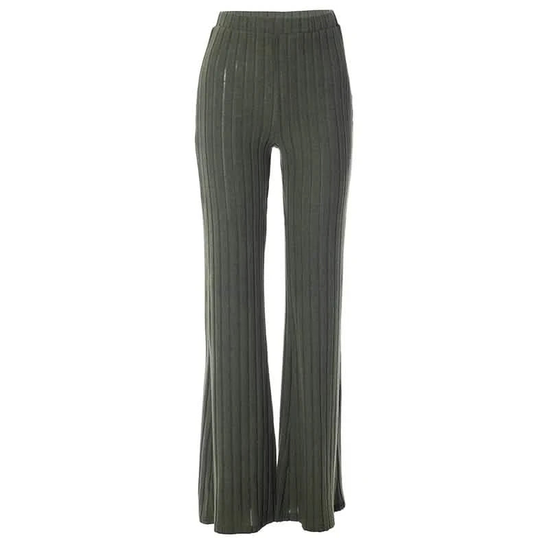 Khaki Knitted Wide Leg Pants