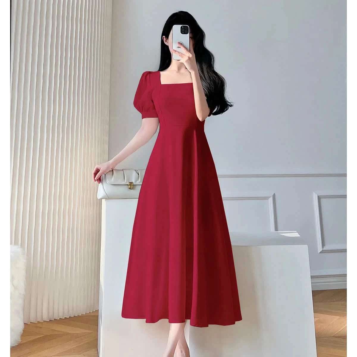 Vintage Maxi Dresses for Women Party Prom Puff Sleeve Square Collar