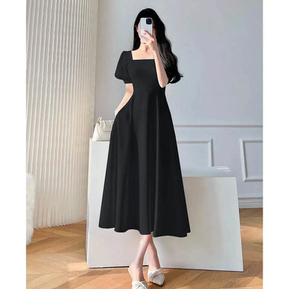 Vintage Maxi Dresses for Women Party Prom Puff Sleeve Square Collar