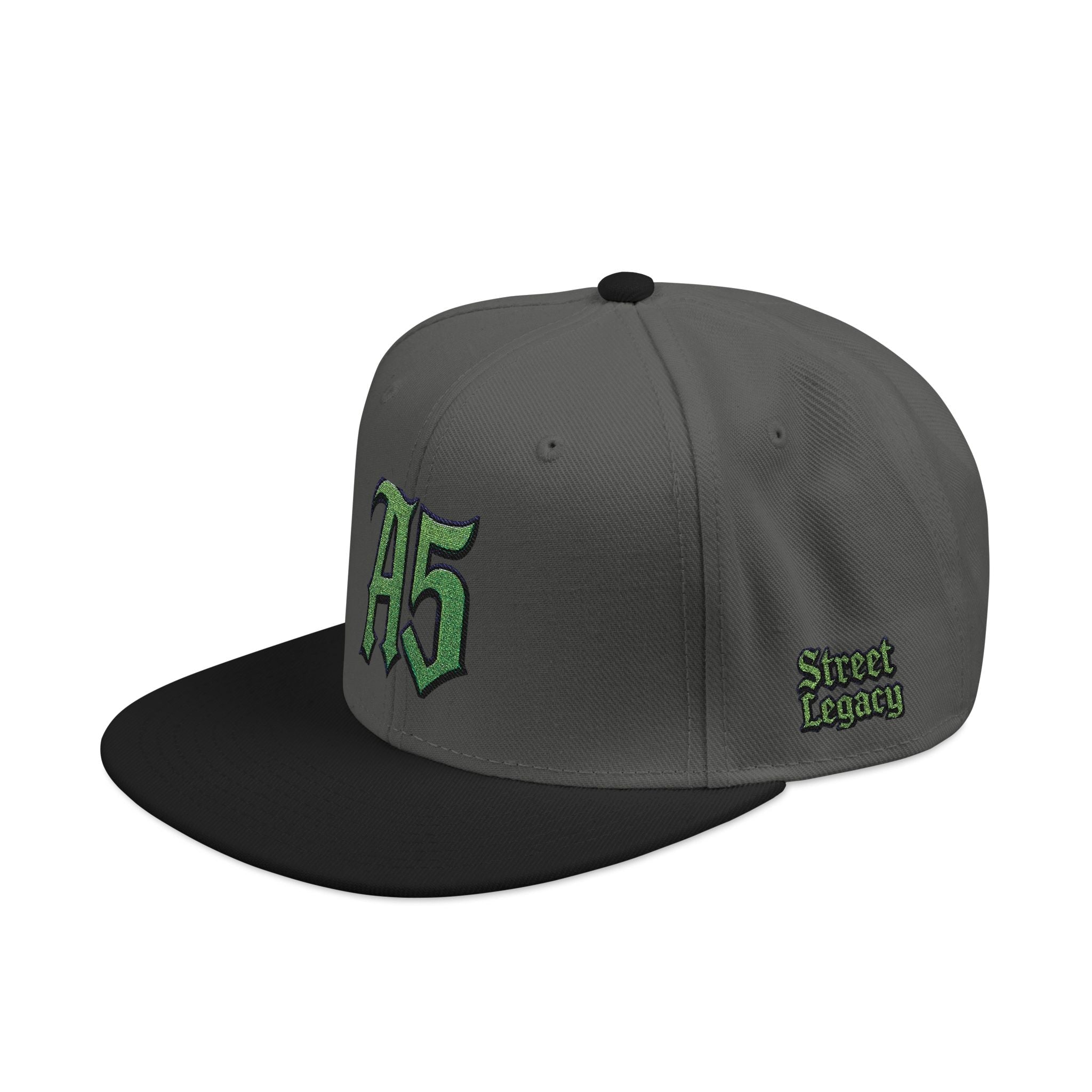 A5 Gray Streetwear Snapback Hat – Green Embroidered Logo