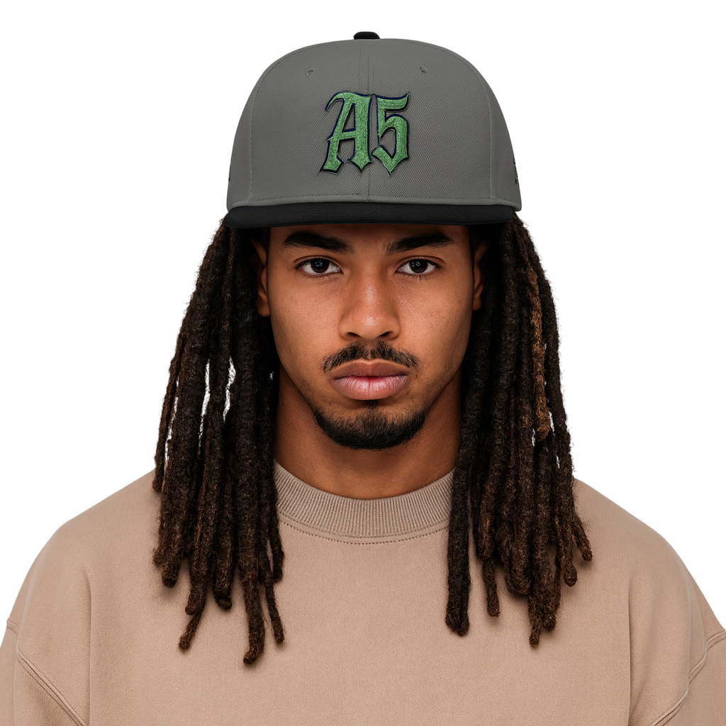 A5 Gray Streetwear Snapback Hat – Green Embroidered Logo