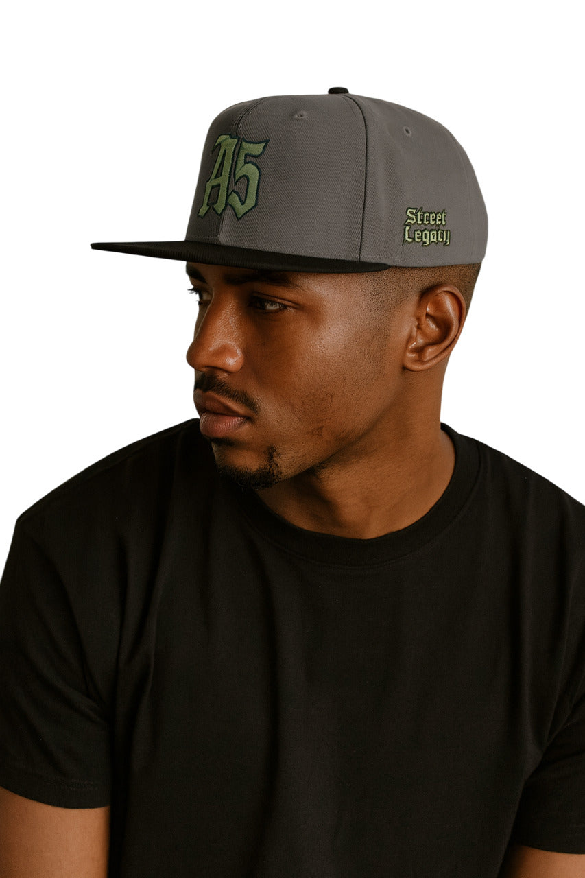 A5 Gray Streetwear Snapback Hat – Green Embroidered Logo