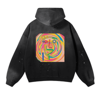 Black hoodie featuring colorful abstract art face design for stylish oversized wear