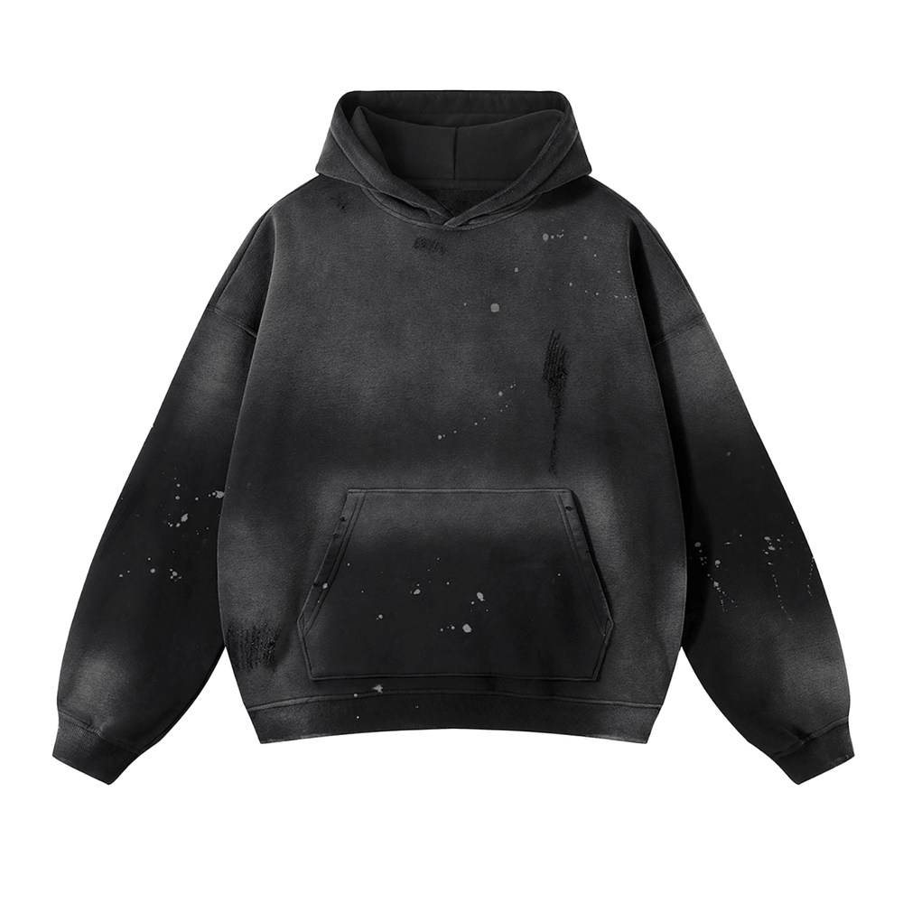 Black hooded sweatshirt with front pocket, featuring abstract art design, oversized fit