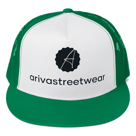 Adjustable Snapback Cap for Men – Green and White Arivastreetwear Trucker Cap with Mesh Back