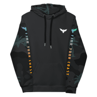 Black hoodie with bird logo and patterned sleeves from Men’s Essential Palm Sleeve Recycled Hoodie