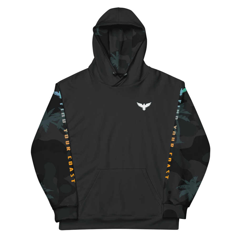Black hoodie with patterned sleeves from Men’s Essential Palm Sleeve Recycled Hoodie collection